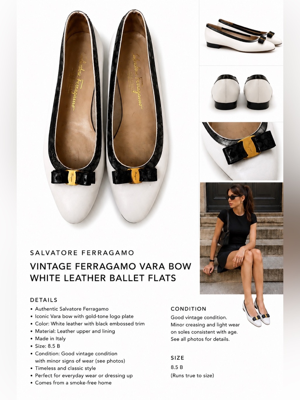 Salvatore Ferragamo White Leather Flats with Black Trim and Gold Accent